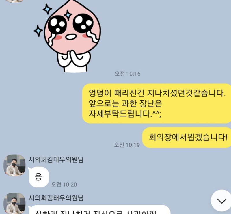 국민의힘 소속 양산시의회 김태우 의원과 여직원이 나눈 카카오톡 대화 내용. (독자제공)