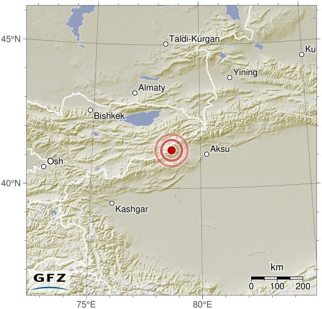 23일 중국 신장 위구르자치구와 키르기스스탄의 접경 지역에서 규모 7의 지진이 발생했다. 독일지질과학연구소캡처뉴스1