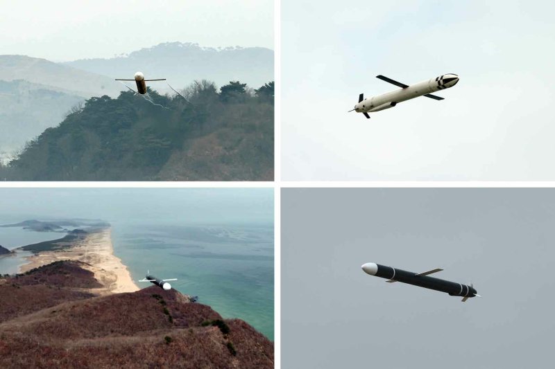 북한의 순항미사일 '화살-1형'과 '화살-2형'의 비행 모습. 사진=노동신문 캡처