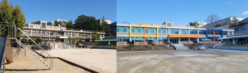 [화성=뉴시스] 2021년부터 2023년까지 그린스마트스쿨 사업을 추진한 경기 화성시 소재 청룡초등학교 리모델링 전후의 건물 전경. 이 초등학교는 1949년에 개교해 그동안 노후화된 건물로 학생들이 생활에 불편을 겪었다. (사진=경기도교육청 제공) 2024.1.24. photo@newsis.com *재판매 및 DB 금지