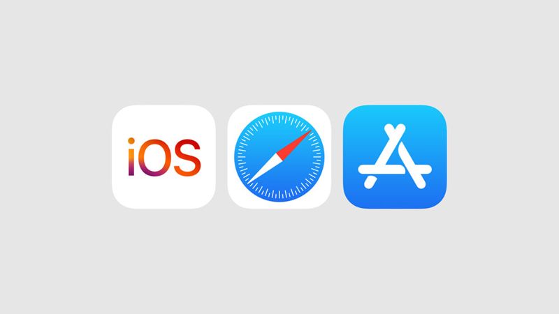 애플 운영체제 iOS, 웹브라우저 사파리, 앱마켓 앱스토어(사진 왼쪽부터) 로고 이미지. 애플 홈페이지 캡처