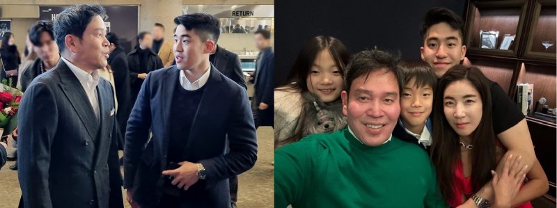 [서울=뉴시스](왼쪽)정용진 신세계그룹 부회장과 장남 정해찬씨, 정 부회장과 배우자 한지희씨를 비롯한 자녀들.2023.12.26.(사진=정용진 부회장 인스타그램 캡쳐)photo@newsis.com