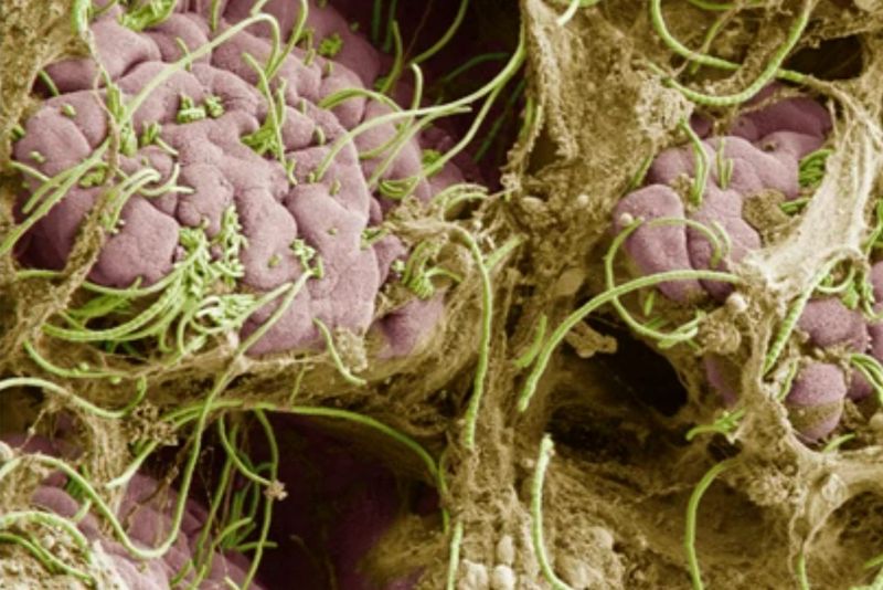 쥐의 소장 마지막 부근에서 발견된 절편 섬유성 박테리아는 장 속 미생물 중 하나로, 녹색을 띠고 있으며 실처럼 가늘다. 뉴욕대 앨리스 량 제공