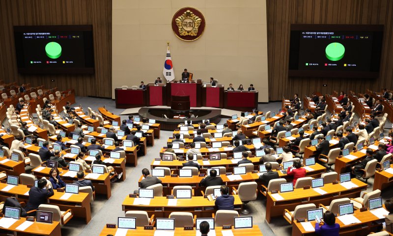 지난 1일 오후 여의도 국회 본회의장에서 열린 제412회 국회(임시회) 제2차 본회의에서 자동차관리법 일부개정법률안(대안)이 가결되고 있다. 뉴시스 화상