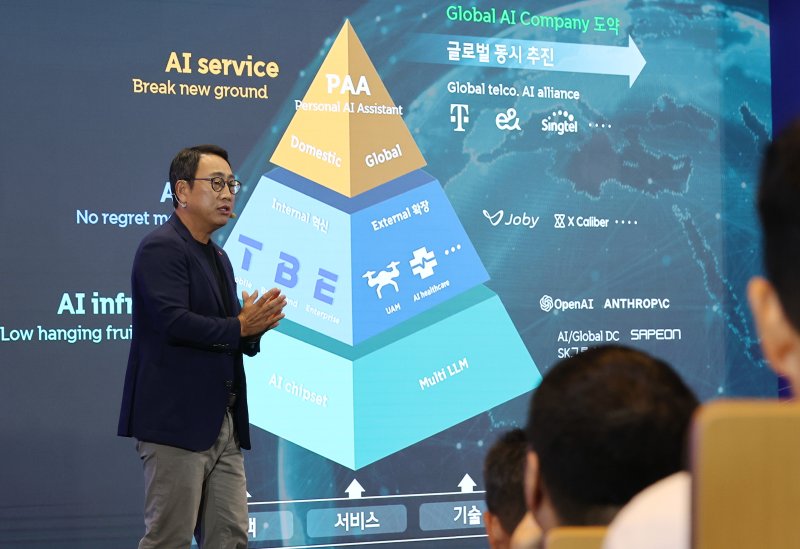 유영상 SK텔레콤 사장이 지난해 9월 서울 중구 SKT타워에서 열린 기자간담회에서 AI 사업전략을 발표하고 있다. 연합뉴스