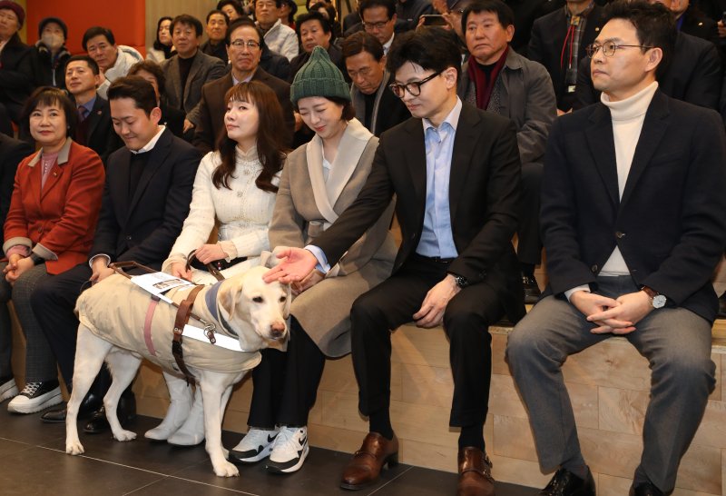한동훈 국민의힘 비대위원장과 피습 사건 이후 8일 만에 공개 활동에 나선 배현진 의원이 2일 오후 서울 송파구 송파책박물관에서 열린 2024 설날 맞이 희망콘서트에 참석해 김예지 의원의 안내견 '조이'와 인사를 나누고 있다. 2024.2.2/뉴스1 ⓒ News1 이광호 기자