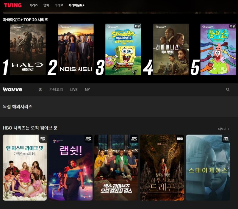[서울=뉴시스] 웨이브는 HBO 시리즈, 티빙은 파라마운트 플러스 콘텐츠를 독점 제공하고 있다. (사진=티빙, 웨이브 홈페이지 캡처) *재판매 및 DB 금지