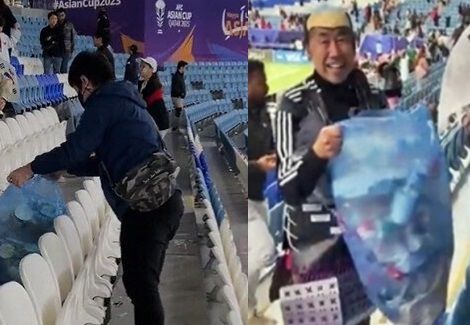 한국 축구 팬들이 오스트레일리아와의 경기가 끝난 뒤 알 자누브 스타디움의 관중석을 청소하고 있는 모습 / SNS 갈무리