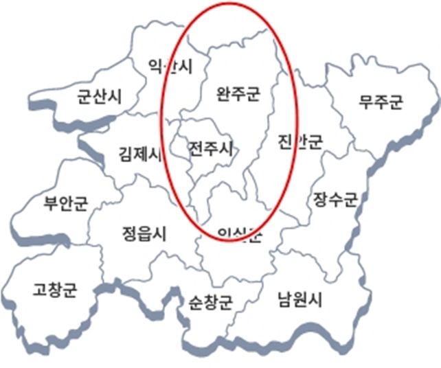 전북지역 지자체 지도, 완주군이 전주시를 둘러싼 모양새다. 전북도 제공