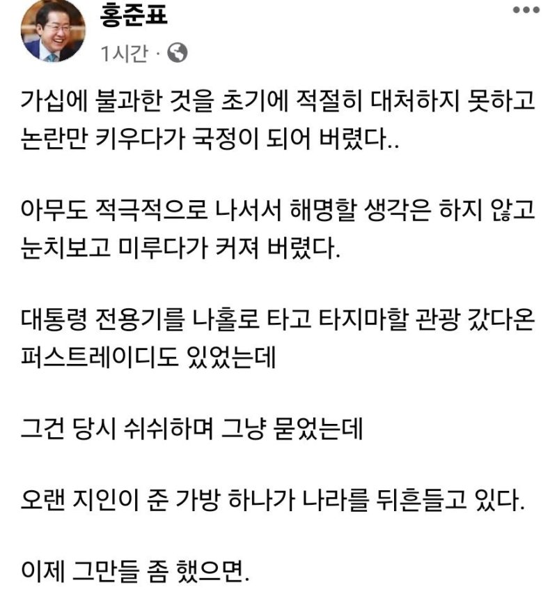 홍준표, '김건희 명품백' 이야기하다가 전용기 타고 타지마할 관광도...