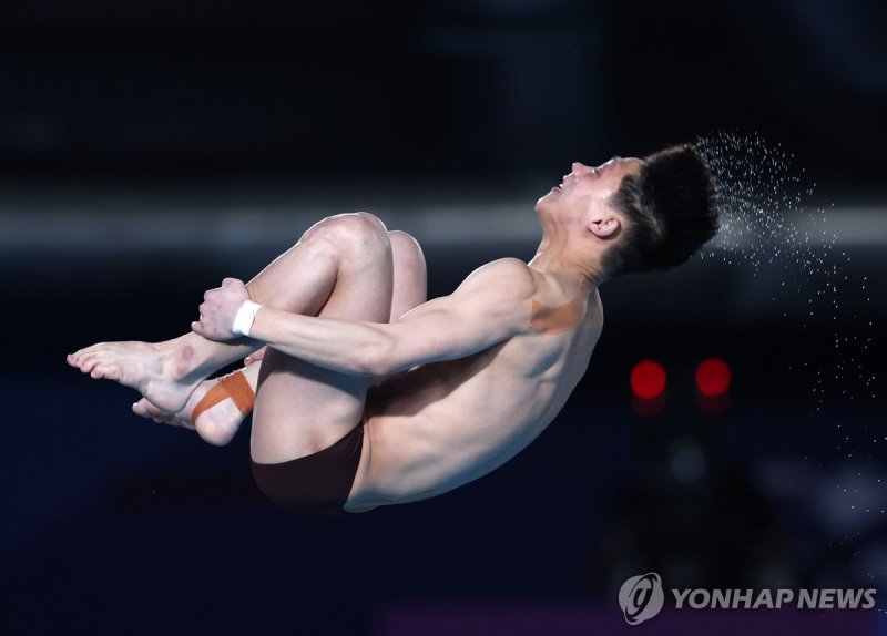 북한 다이빙 임영명 epa11139360 Im Yong Myong of North Korea competes during the Men 10m Platform preliminaries at the FINA World Aquatics Championships Doha 2024 in Doha, Qatar 09 February 2024. EPA/ALI HAIDER