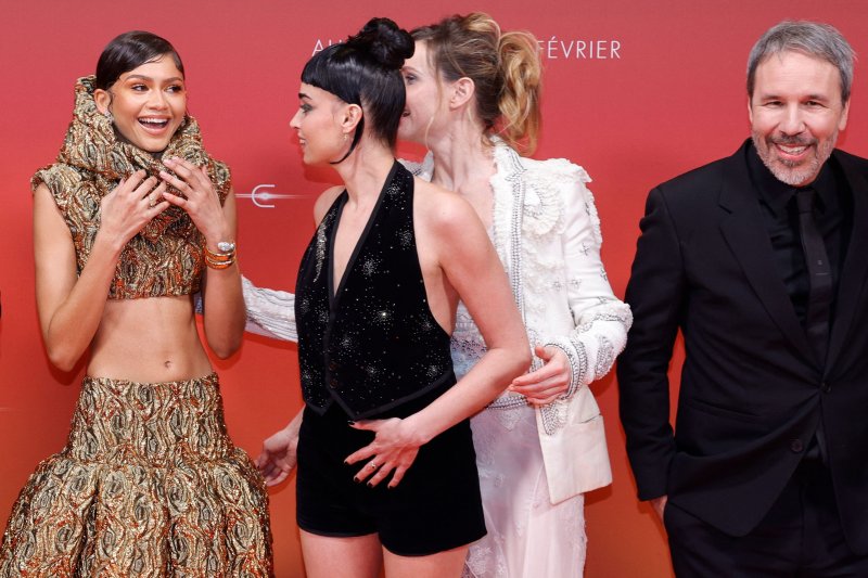 (LtoR) US actress Zendaya, Swiss actress Souheila Yacoub, Swedish actress Rebecca Ferguson and Canadian director Denis Villeneuve pose for a photocall during the preview screening event for the film "Dune: Part Two" at the Le Grand Rex Paris cinema in Paris on February 12, 2024. (Photo by Geoffroy V