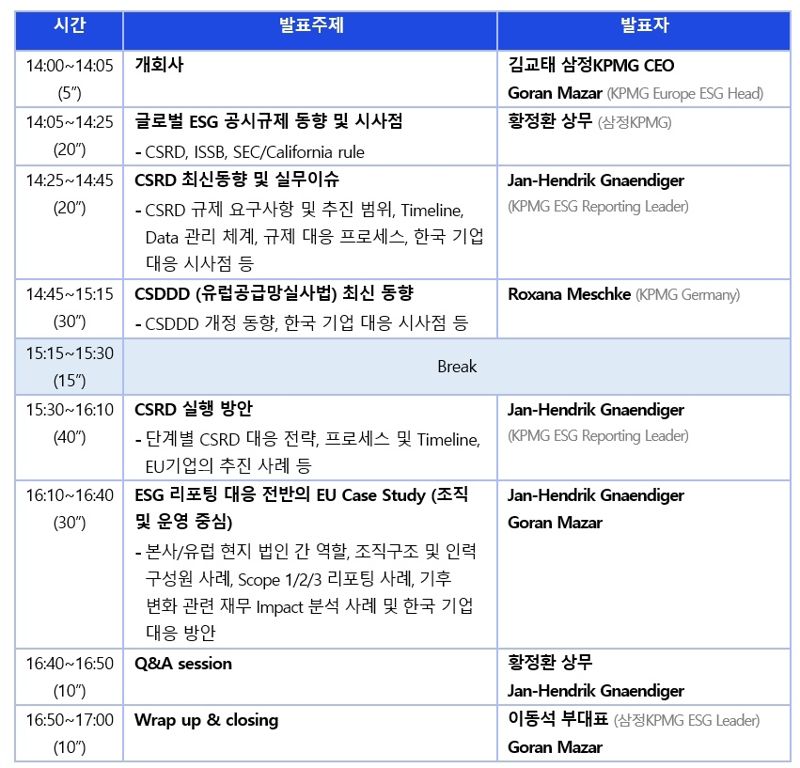 21일 열리는 유럽ESG 정보공시 대응 세미나 프로그램. (출처: 삼정KPMG)