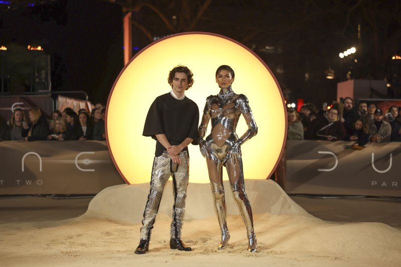 Timothee Chalamet, left, and Zendaya pose for photographers upon arrival at the World premiere of the film 'Dune: Part Two' on Thursday, Feb. 15, 2024 in London. (Photo by Vianney Le Caer/Invision/AP) 021524130104, 21334631,