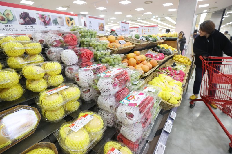 수입 과일 매출이 증가한 18일 서울의 한 대형마트에 과일이 진열되어 있다. 업계는 고물가 여파로 국산 과일 대신 상대적으로 저렴한 수입 과일을 찾는 고객이 늘어난 것으로 분석했다. 연합뉴스