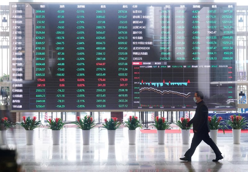 지난 2020년 2월 28일 중국 상하이 푸동금융지구의 상하이증권거래소에서 한 남성이 증시 전광판 앞을 지나고 있다.로이터연합뉴스