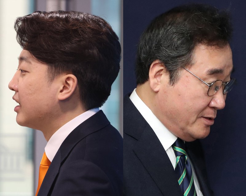 이준석 개혁신당 대표(왼쪽)와 이낙연 새로운미래 공동대표가 20일 서울 여의도 국회와 당사에서 각각 합당 철회 관련 기자회견을 하고 있다. 둘은 함께한 지 열흘 만에 갈라섰다. 뉴스1