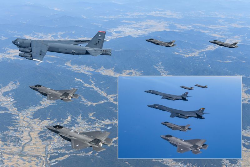 2023년 10월 17일 한반도에 전개한 미국 공군의 B-52H 전략폭격기와 한국 공군의 F-35A 전투기들이 한반도 상공에서 한미 연합공중훈련을 실시하고 있다. 이번 훈련은 한미 공군의 우수한 연합작전 수행능력과 대한민국 방위에 대한 미국의 확장억제 의지를 다시 한 번 과시했다. 한미 공군이 2023년 3월 19일 한반도 상공에서 우리측 F-35A 전투기와 미 공군 B-1B 전략폭격기 및 F-16 전투기가 참여한 가운데 연합공중훈련을 실시하고 있다.(박스 안쪽) 사진=국방부·공군 제공