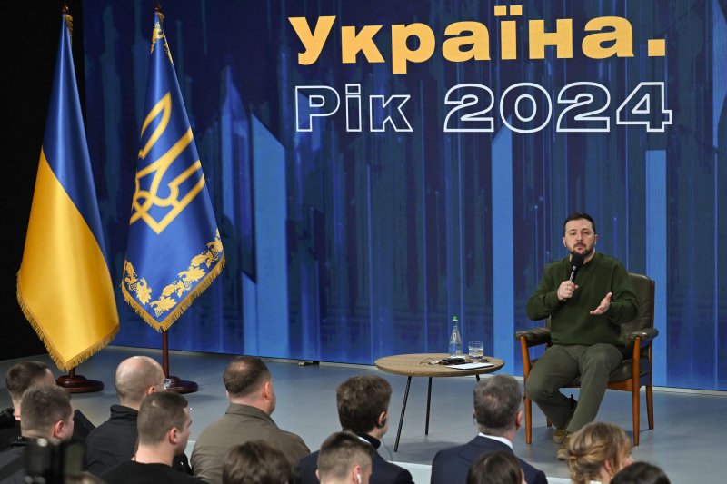 볼리디미르 젤렌스키 우크라이나 대통령이 러시아의 침공 2주년을 맞아 25일(현지시간) 수도 키이우에서 열린 포럼 '우크라이나 2024'에서 말하고 있다.AFP연합뉴스