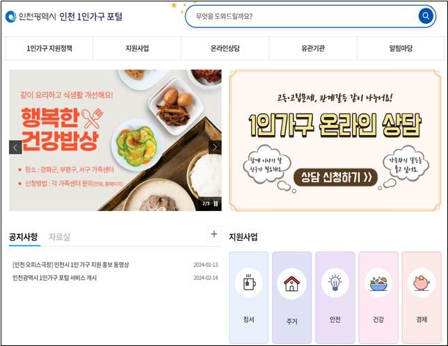 인천시가 26일 오픈한 1인 가구 포털 메인 화면. 인천시 제공.