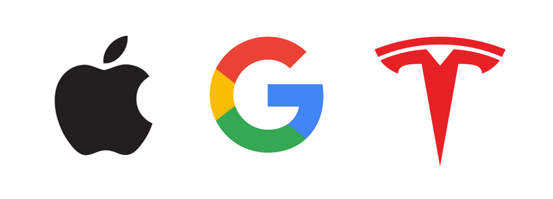 애플(왼쪽부터), 구글, 테슬라 로고