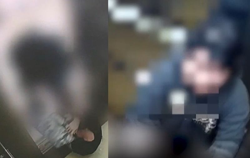 '의왕 엘리베이터' 사건의 가해자가 이웃인 20대 여성을 폭행하고 있다. / SBS보도화면 갈무리