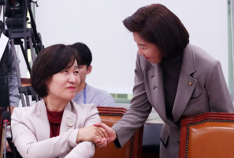 지난 2019년 10월 당시 나경원 자유한국당 원내대표가 서울 여의도 국회에서 열린 외교부, 통일부 등에 대한 외통위 종합감사에서 추미애 더불어민주당 의원과 인사를 하는 모습. /사진=바카라 게임1