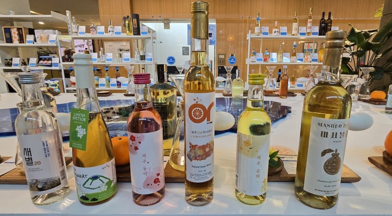 제주시 한화리조트에 있는 사회적기업 파란공장의 '제주한잔' 매장에 전시된 전통주들. 가공·양조 산업으로 확장하기 위한 메밀 탁주 개발이 추진되면서 지역 농산물의 고부가가치화 전략이 본격화되고 있다. /사진=연합뉴스