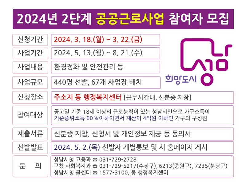 성남시, '공공근로 참여자' 440명 모집...18~22일 신청 접수