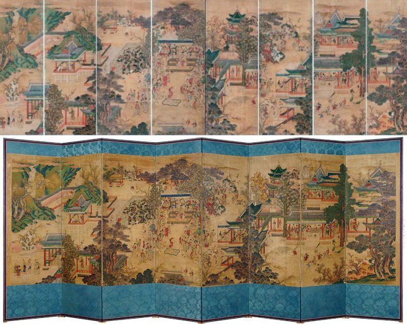 [서울=뉴시스] 박진희 기자 = 국외소재문화재재단은 독일 라이프치히그라시민족학박물관(Lontine Meijer-van Mensch) 소장품인 조선시대 회화 '곽분양행락도(郭汾陽行樂圖)' 보존 성과 언론공개회를 갖고 보존 처리를 마치 '곽분양행락도'의 전·후(아래) 사진을 공개하고 있다. 이번 공개회는 재단의 ‘국외문화유산 보존복원 및 활용 지원사업’의 일환으로 2022년 11월 착수된 이래 지난 15개월간 정재문화재보존연구소에서 보존처리 진행 과정을 정리해 소개하는 것이다. 2024.03.11. pak7130@newsis.com