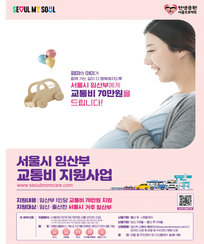 서울시는 저출생 극복을 위한 ‘탄생응원 서울 프로젝트‘의 일환으로 임산부 모두에게 70만원의 교통비를 지원한다. 서울시 제공