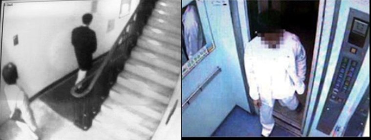 2006년 3월 17일 0시59분, 청와대 행정관(왼쪽 사진 앞)이 급히 자신의 아파트를 나서는 모습과 1시간16분 뒤인 2시15분 코트없이 맨발 차림으로 아파트 엘리베이터를 타는 모습이 찍힌 CCTV. ⓒ 뉴스1 DB