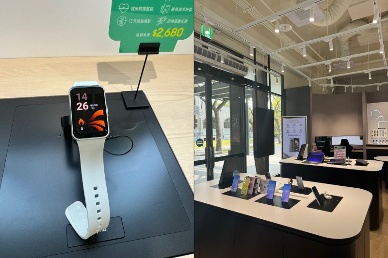 지난 1일 대만에서 출시한 삼성전자 갤럭시핏3(왼쪽)가 '삼성 타이완 대학 캠퍼스 스토어(三星智慧館-台大校園門市)' 내에 진열되어 있다. 오른쪽은 매장 내부 모습. 2024.3.8 / 뉴스1 ⓒ News1 강태우 기자