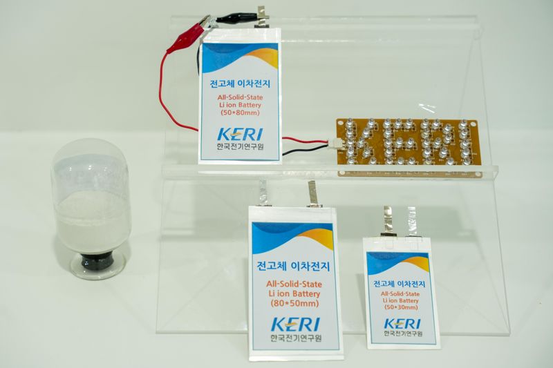 한국전기연구원(KERI) 차세대전지연구센터 박준우 박사팀이 습식 합성 공정으로 만든 고체전해질 분말(왼쪽)과 이를 활용한 전고체전지 시제품. 전기연구원 제공