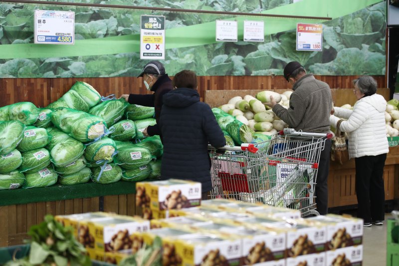 과일·채소류의 가격 급등이 이어지고 있는 14일 서울 서초구 하나로마트 양재점에서 열린 대국민 물가안정 할인행사를 찾은 고객들이 배추와 무를 살펴보고 있다. ⓒ News1 이광호 기자 /사진=뉴스1
