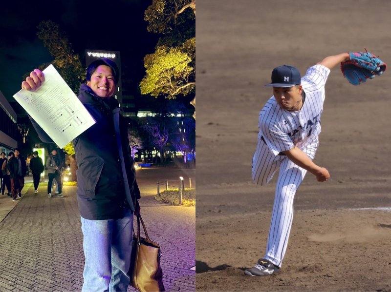 지난달 제118회 일본 국가 의사 고시를 마친 다케우치(왼쪽)와 15일 데뷔 경기 중 다케우치(오른쪽). /사진=다케우치 게이토 공식 X,뉴시스