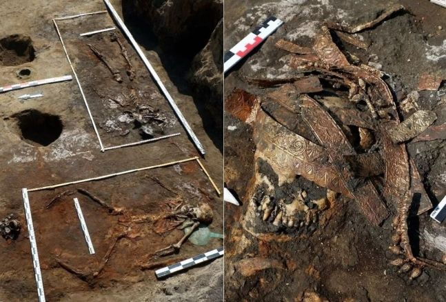 2019년 러시아에서 발견된 여성 4명의 유해 발굴 현장과 그곳에서 발견된 금장식이다. 전문가들은 해당 유해들이 아마존 왕국의 여전사들일 수 있다는 가능성을 언급했다. 출처=러시아과학고고학아카데미연구소 홈페이지