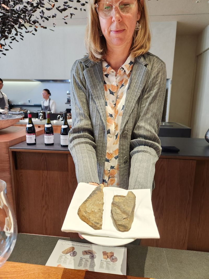 스페인 까딸루냐 프리오랏을 대표하는 마스 덴 질 와이너리의 오너 마르타 로비라 카르보넬(Marta Rovira Carbonell)이 포도밭을 구성하고 있는 점판암을 보여주며 와인의 특징을 설명하고 있다.