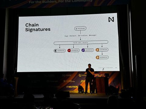 니어 프로토콜의 최고경영자 일리야 폴로수킨이 웹3 행사 ‘비들 아시아 2024’에서 ‘체인 서명(Chain Signature)’에 대해 설명하고 있다. 니어 프로토콜 제공