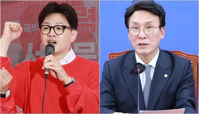 한동훈 국민의힘 비상대책위원장(왼쪽), 김민석 민주당 상황실장 /연합뉴스