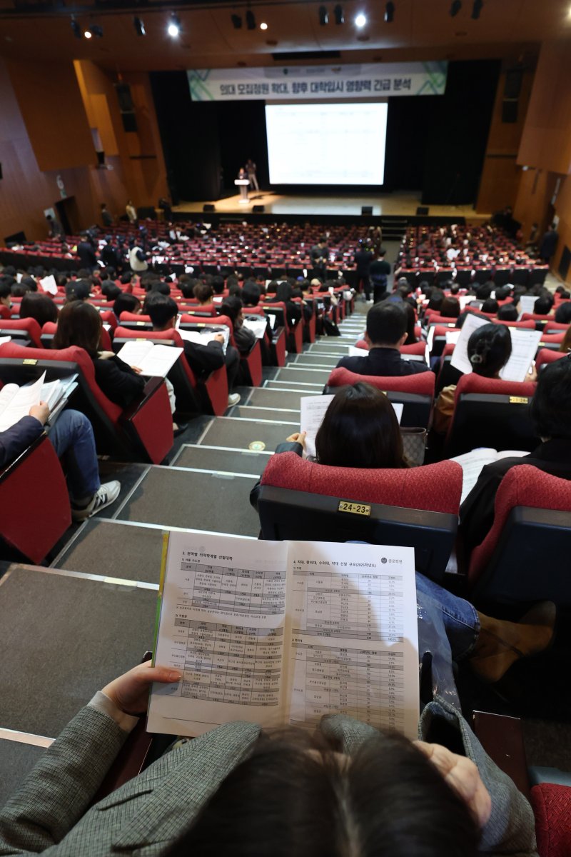 [서울=뉴시스] 권창회 기자 = 31일 오후 서울 종로구 성균관대학교 새천년홀에서 열린 종로아카데미 주최 ‘의대 모집정원 확대에 따른 향후 대학입시영향력 분석 설명회’에서 학부모들이 자료를 살펴보고 있다. 2024.03.31. kch0523@newsis.com