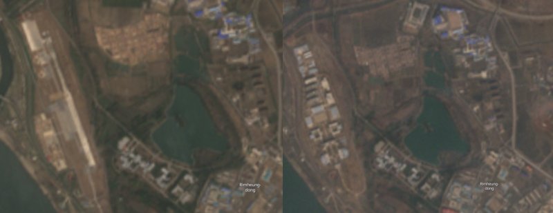 왼쪽 사진은 2023년 4월10일 촬영한 북한 백화원 비행장 부지, 오른쪽 사진은 2024년 3월15일 촬영한 북한 백화원 비행장 부지. 1년여 사이 비행장이 헐리고 새로운 건물들이 들어선 모습이다. (출처=센티넬 위성) 2024.4.1./뉴스1