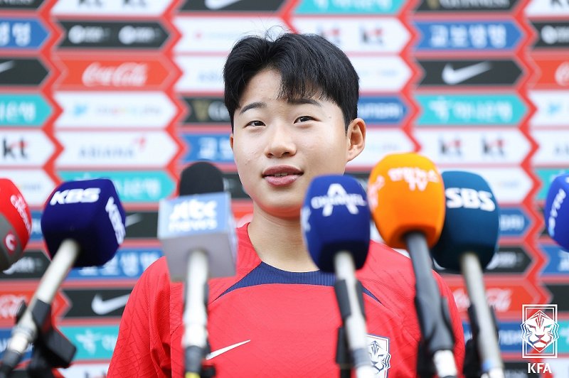 항저우 아시안게임 여자축구 대표팀 천가람이 5일 경기도 파주 NFC에서 훈련에 앞서 인터뷰를 갖고 있다. (대한축구협회 제공) 2023.9.5/뉴스1