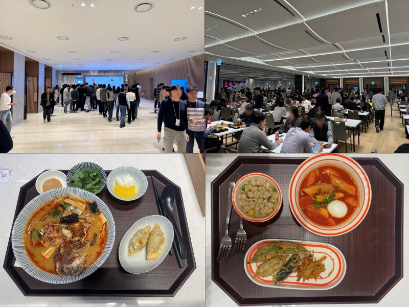 지하 1층 식당 공간을 찾은 직원들로 붐비고 있다. 하단 왼쪽부터 '이스트 키친'에서 주문한 마라탕과 분식의 모습. 2024.4.1/ 뉴스1 ⓒ News1 강태우 기자