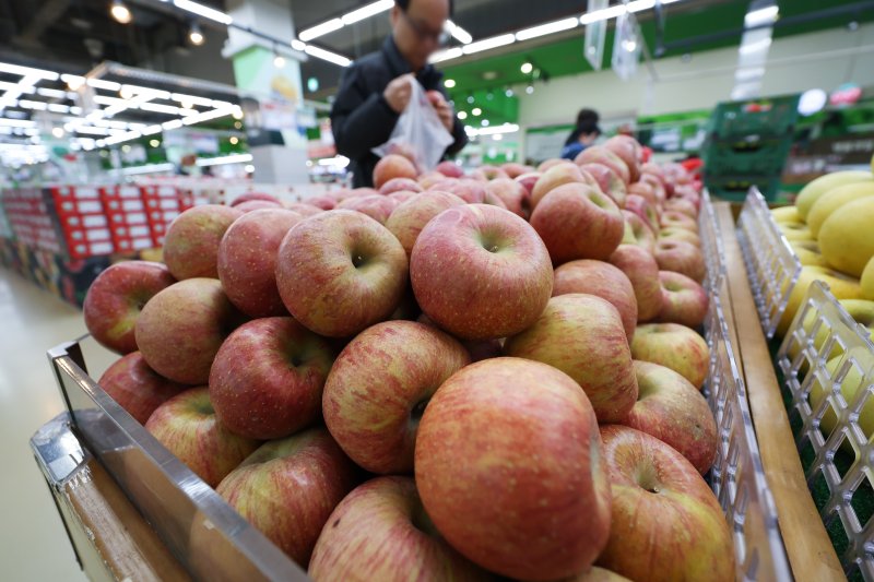 지난달 25일 서울 시내 대형마트에서 시민들이 사과를 구매하고 있다. 뉴스1.