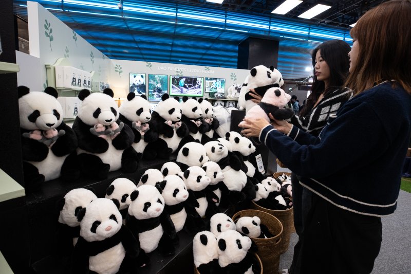9일 여의도 더현대 서울에 문을 연 푸바오 팝업스토어를 찾은 고객들이 인형을 살펴보고 있다. 2023.11.9/뉴스1 ⓒ News1 유승관 기자