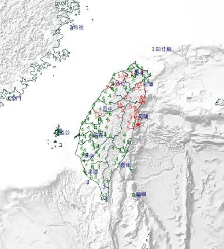 대만 동부 화롄현 인근 해역에서 3일 오전 7시58분(한국시간 8시58분)쯤 규모 7.2 강진이 발생했다. 대만 중앙기상서 홈페이지 캡처 뉴시스