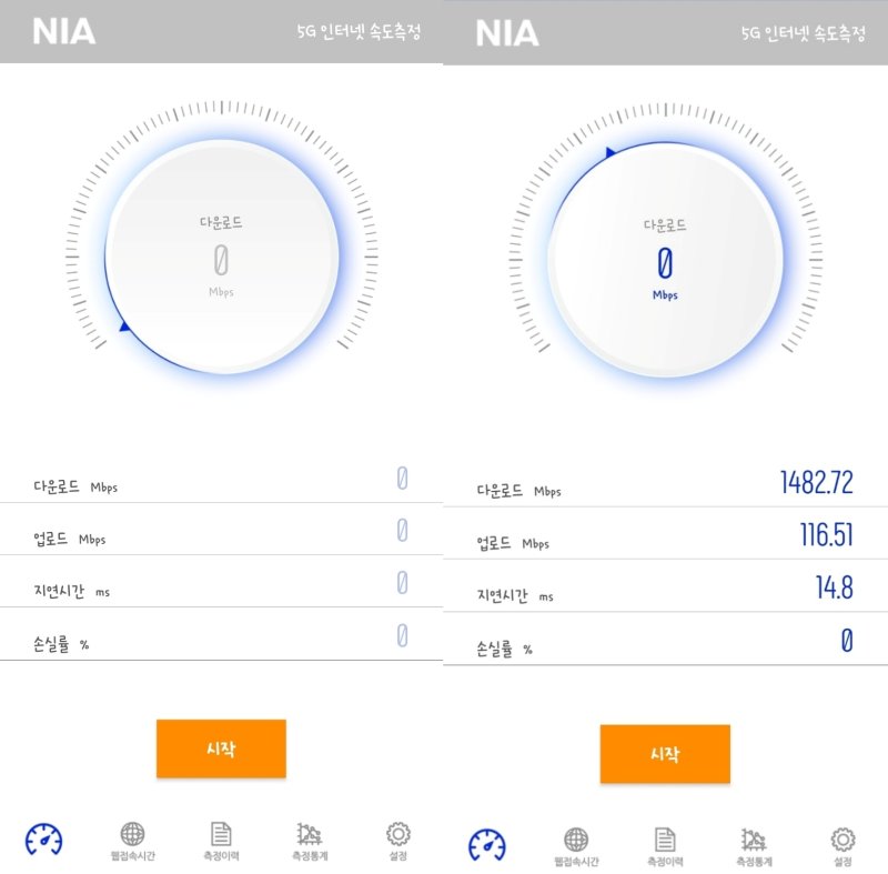 한국지능정보사회진흥원(NIA)의 '무선인터넷 속도측정' 애플리케이션을 통해 5G 인터넷 속도측정을 하기 전후 화면 갈무리. 2024.4.3/뉴스1 ⓒ News1 양새롬 기자