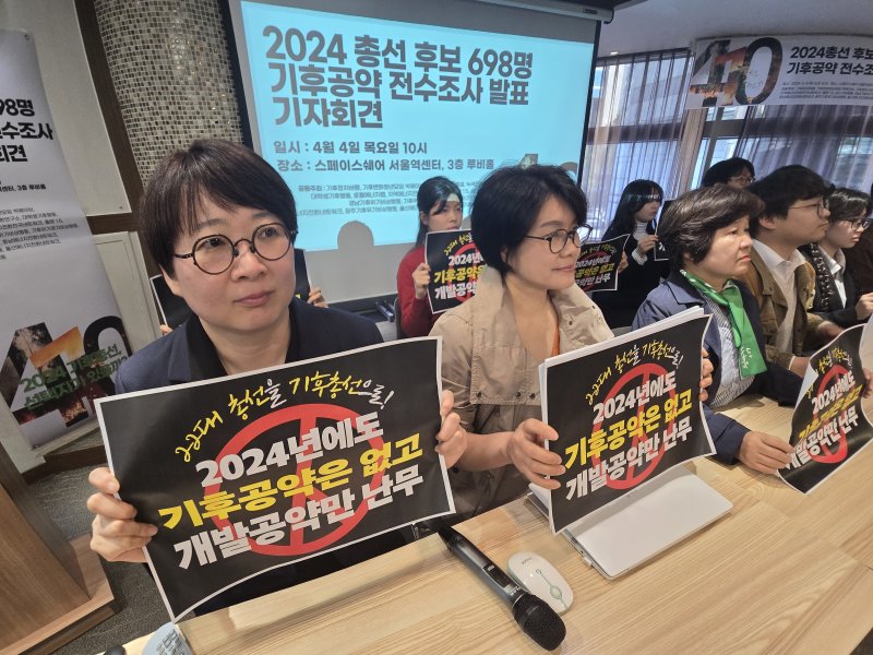 이유진 녹색전환연구소장(왼쪽)이 4일 지역구 후보 기후 공약 조사 결과를 발표하고 기후공약 확대를 촉구하고 있다. ⓒ 뉴스1