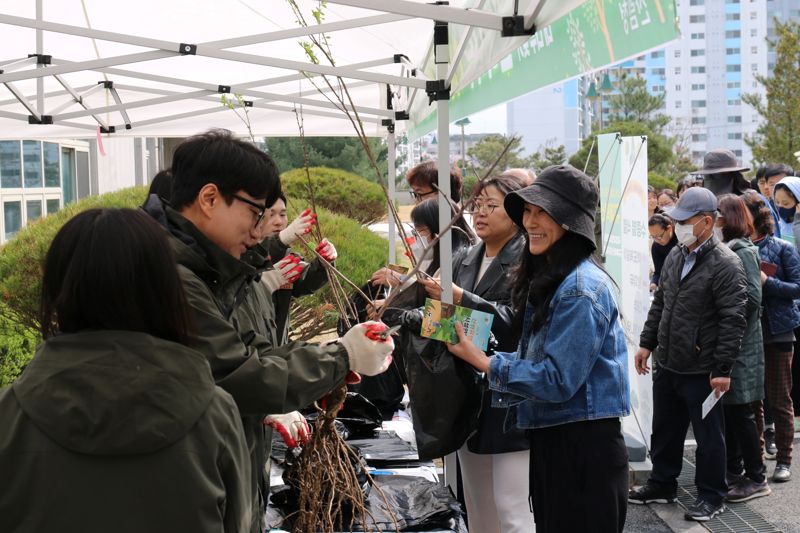 국립자연휴양림관리소 직원들이 5일 열린 반려나무 분양 행사에서 참여자들에게 나무를 나눠주고 있다.